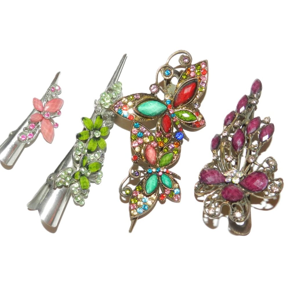 Set of 4 Large Vintage Hair Clips With Floral And Butterfly Design Multicolor